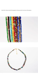 Detailed close-up of colorful lapis and tiger eye stone beaded necklace with gold clasp