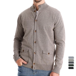 Men's casual knit cardigan in light grey with stand collar and single-breasted button detail