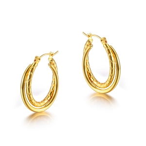 Classic golden titanium steel double-layer hoop earrings with textured inner ring