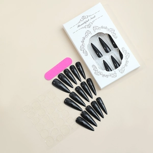 Black stiletto press-on nails set with packaging box, nail file and jelly glue pads