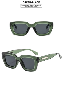 Detail view of transparent green square sunglasses frame with metallic temple accents