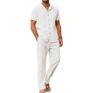Ensemble chemise manches courtes et pantalon blanc en coton lin pour homme été