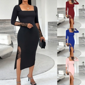 Women's Elegant Long Sleeve Square Neck Bodycon Midi Dress Solid Color Lace Patchwork Split Slim Fit Party Evening Dress