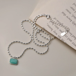 Minimalist S925 sterling silver necklace with a rectangular green amazonite stone pendant