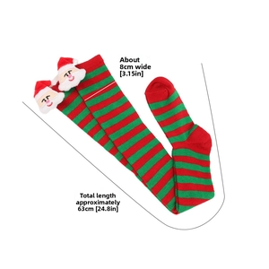 Christmas striped socks detail showing width 8cm and full length 63cm with Santa toy