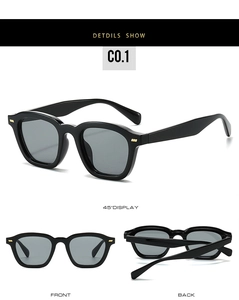 Detailed views of black square sunglasses showing front, back, and 45-degree side angles