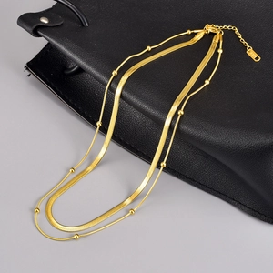 Double-layer 18K gold-plated stainless steel snake chain and beaded necklace set