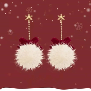 Boucles d'oreilles flocon de Noël avec nœud en velours rouge et pompon blanc
