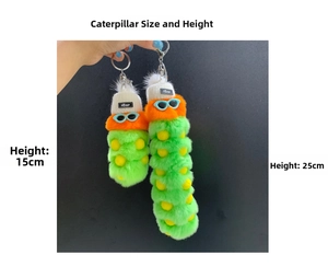 Size comparison of 15cm and 25cm colorful plush caterpillar keychains with hats