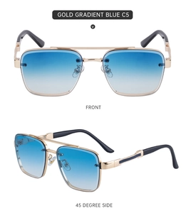 Front and side view of gold metal square sunglasses with gradient blue lenses