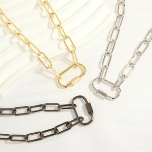 Detail of multi-color paperclip chains with industrial screw-lock oval pendants