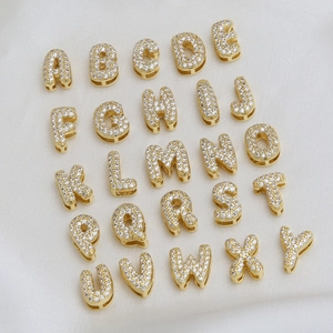 18K gold-plated 3D bubble initial pendants with sparkling zircon pavé on white silk