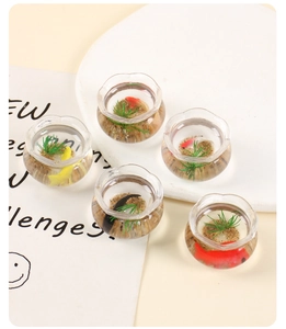 Détail d'un ensemble de 5 bocaux miniatures avec petits poissons koi et plantes d'eau