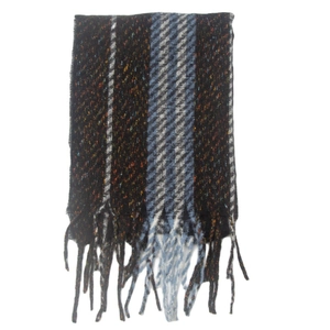 Detailed close-up of colorful striped knit scarf with mixed fringe tassels and speckled wool yarn