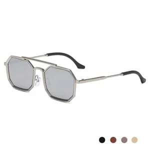 Steampunk double bridge sunglasses with octagonal silver metal frame and mirror lenses