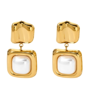 Golden 316 stainless steel square pearl earrings with geometric frame on white background
