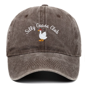 Detailed view of Silly Goose Club embroidery on vintage washed cotton baseball cap