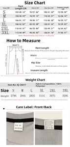 Detailed size chart for men's embroidered jogger pants with measurement guide for waist and hip