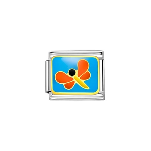 Macro detail of Italian link bracelet charm featuring a colorful butterfly on blue enamel