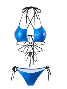 Metallic blue bikini set with halter top and strappy ties on a clean white background