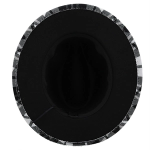 Detailed interior of fedora hat showing the 65% cotton blend fabric label and black lining