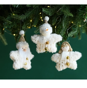 Plush Christmas ornaments with Santa, snowman and angel hanging on a festive decorated tree