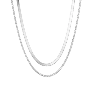 Minimalist silver double-layered necklace featuring flat snake chain and curb chain style