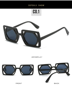 Detail view of square hollow frame sunglasses in black with a modern geometric design