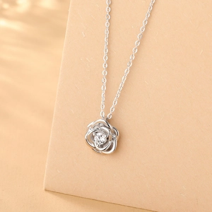 Elegant S925 sterling silver rose pendant necklace with sparkling zircon stone inlay