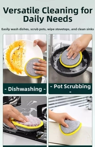 Macro detail of a double-sided cleaning sponge used for scrubbing pots and kitchen stoves