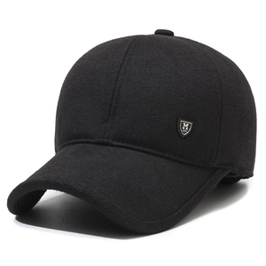 Winter thermal baseball cap for men with thick wool texture and silver metal shield emblem