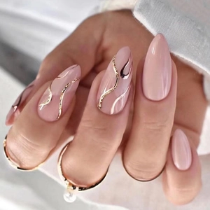 Unghie Finte Forma A Mandorla Rosa Nude Lucido Con Linee Ondulate Dorate Unghie Artificiali In Plastica Rimovibili