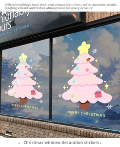 Close-up of pink Christmas tree window sticker with Merry Christmas text on glass