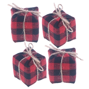 Detail of four buffalo plaid Christmas gift box ornaments with natural jute twine ties