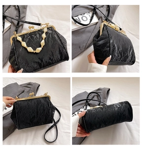 Multi-angle view of black pleated shell bag with bead handle and gold frame closure
