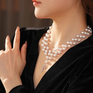 Multi Layered Glass Artificial Pearl Necklace With Rhinestone Cross Pendant French Vintage Elegant Copper Clavicle Chain For Women
