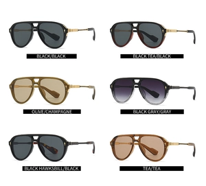 Detailed grid showing six color options for square aviator sunglasses with metal frames
