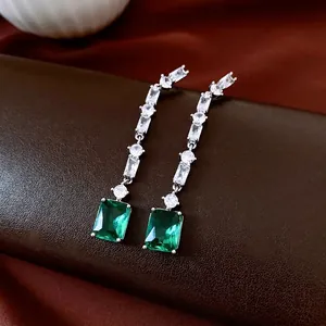 Elegant silver earrings with square emerald zircon drop pendants in French luxury style