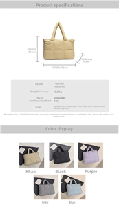 Detailed sizing chart and multi-color options for the lightweight quilted puffer tote bag