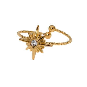 Minimalist gold eight-pointed star ring with zircon inlay and textured metal finish