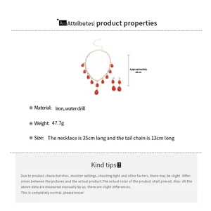 Detail view of red water-drop crystal jewelry set with sizing and weight information