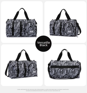 Large capacity zebra print gym duffel bag shown from multiple angles for travel
