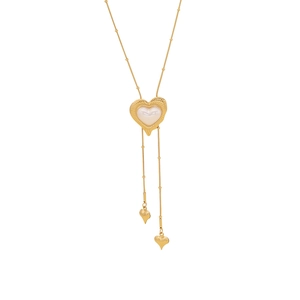 Elegant gold heart pendant necklace with pearls and long tassels on white background