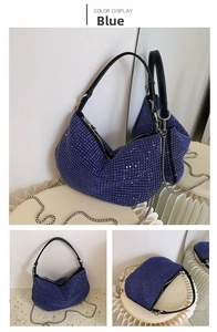 Detailed views of a blue rhinestone hobo bag showing sparkling gems and silver chain strap
