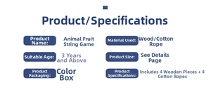 Specifications of wooden animal fruit threading toy including wood and cotton rope materials