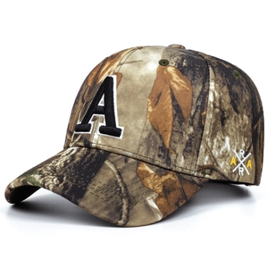 Detail of 3D embroidered letter A and camo leaf pattern on baseball cap
