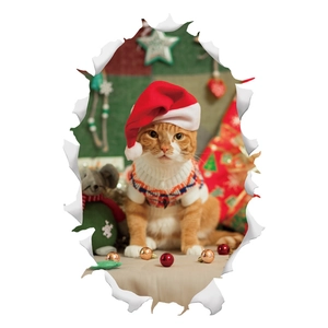 Christmas wall sticker with cartoon ginger cat in Santa hat behind torn paper effect