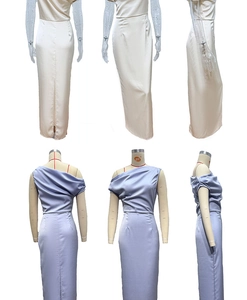 Detail view of white and lavender satin bodycon dresses with side ruching and tube top design