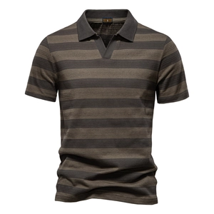 Polo pour hommes à rayures horizontales marron et gris en coton de haute qualité