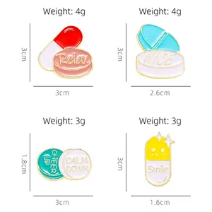 Cute cartoon pill enamel pins with colorful Relax and Smile letters for backpacks